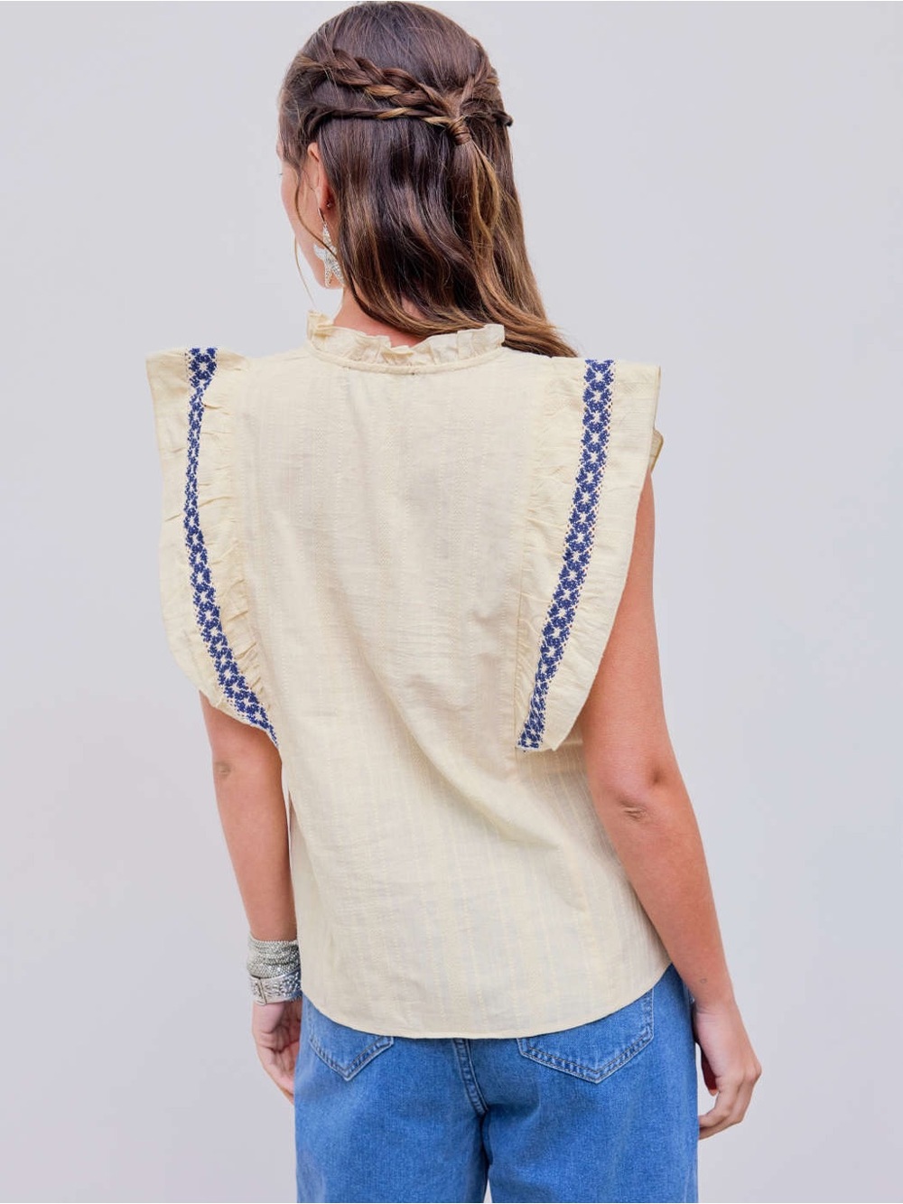 Cider Cotton Stand Collar Crochet Contrasting Binding Short Sleeve Blouse - Picture 6 of 12
